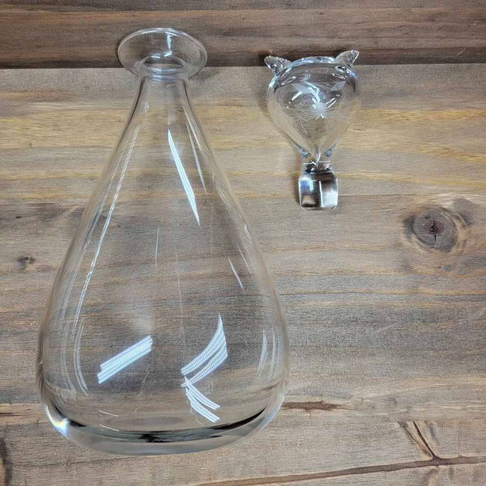 VTG Orrefors Cat Head Crystal Decanter Bottle MCM Barware Signed Sven Palmquist